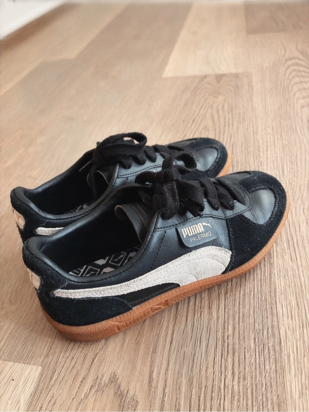 Puma Palermo Women's Black and Gum Sneakers with Cream Stripe